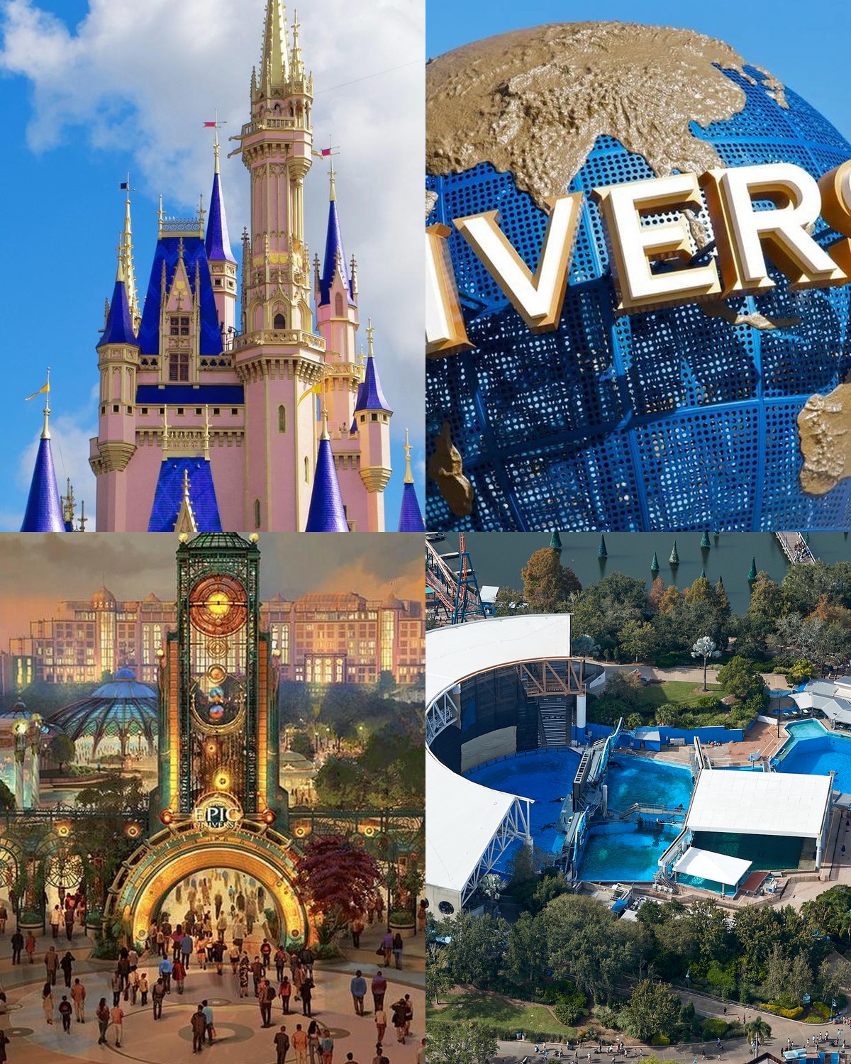 Collage of Cinderella Castle at Walt Disney World, the Universal Orlando globe, Universal Epic Universe, and an aerial view of SeaWorld Orlando